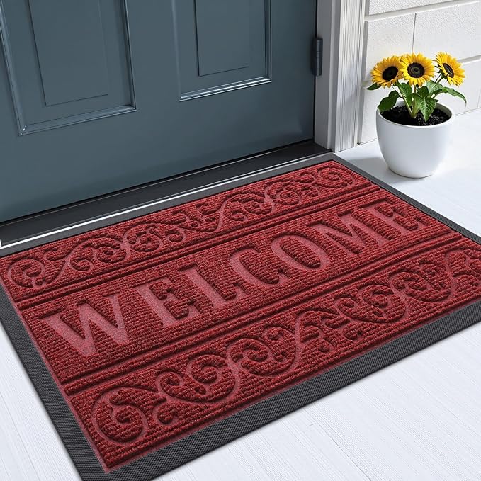 OLANLY Welcome Door Mat Indoor Outdoor Entrance, Heavy Duty Sturdy Front Door Mat, Waterproof All-Weather Doormat, Stain Resistant, Low Profile, Easy Clean Patio Entryway Mat, 36 x 24, Wine Red