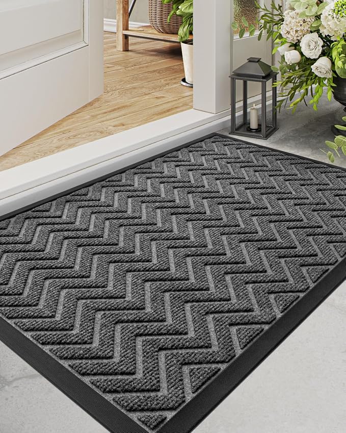DEXI Front Door Mat Outside Entrance, 2x4 ft Rubber Entry Doormat Heavy Duty, Welcome Mats Non Slip for Inside House Floor Entryway Double Doors Exterior Patio, Chevron Dark Grey