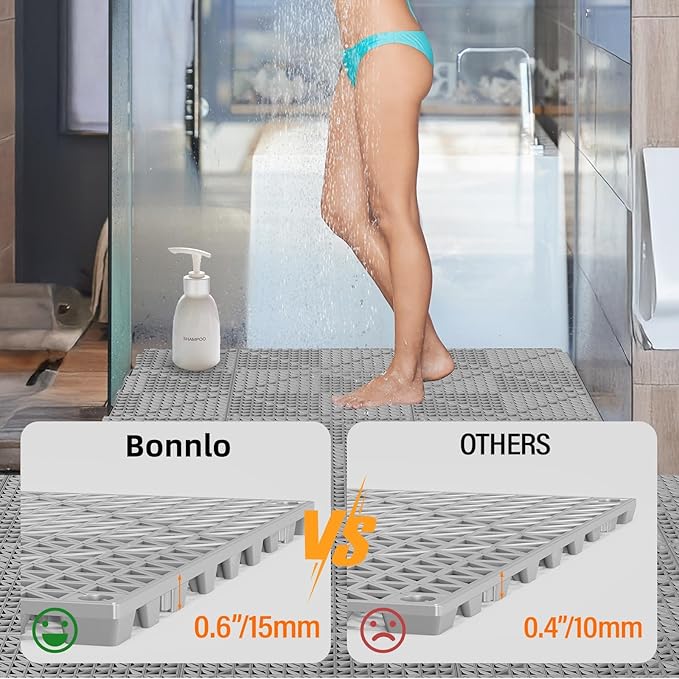 Bonnlo Grey Interlocking Drainage Mat, 12''*12'' Anti-Fatigue Floor Mat, Restaurant Kitchen Mat, Cushioned Tiles, Non-Slip Garden Tile for Poolside, Wet Area, Deck and Bathroom Use