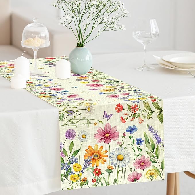 Daisy Tulip Lavender Floral Leaves Summer Table Runner, Spring Home Kitchen Dining Table Decorations Seasonal Holiday Party Decor 13×72 Inches (Colorful Flowers 1)