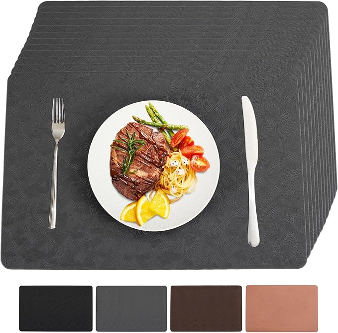 Vinyl Placemats Set of 12 Heat Resistant Easy Clean Non-Slip Place Mats for Dining Table. Faux Leather Waterproof Stain Resistant Wipeable Washable PU Table Mats(12, Gray)