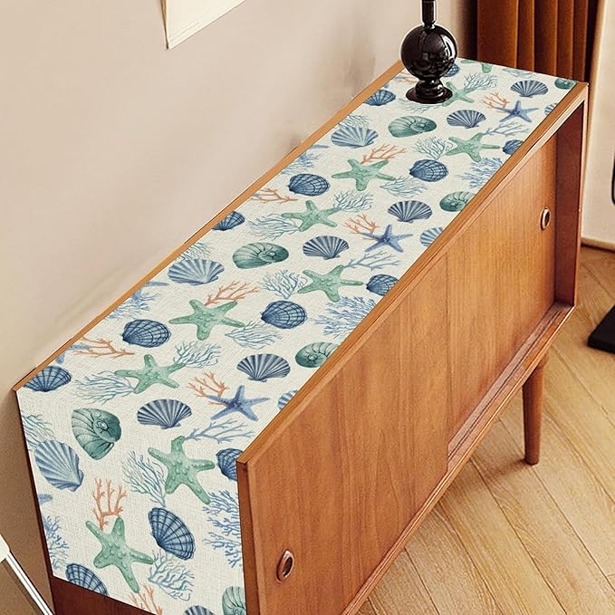 Nautical Table Runner, Summer Sea Coastal Starfish Seashells Coral Tropical Ocean Beach Blue Farmhouse Coffee Table Center Decor for Home Kitchen Dining Patio Indoor Outdoor Table Decorations, 13"x72"