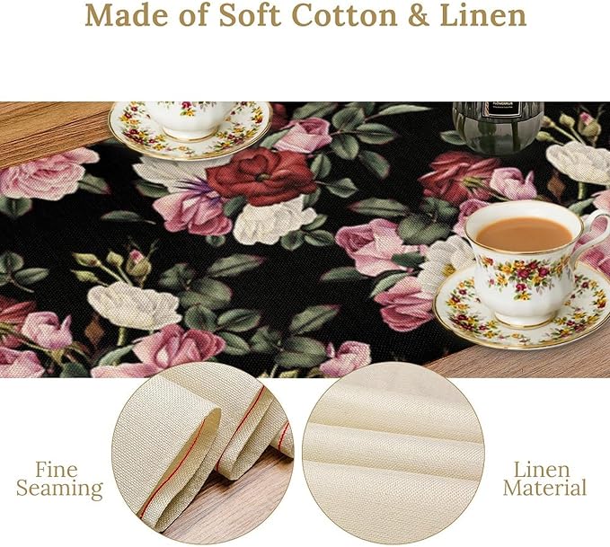 Gothic Floral Table Runner,Vintage Pink Red Rose Flower Print Table Runner for Kitchen Dining Table Indoor Outdoor Home Party Decor,Black 13x90in