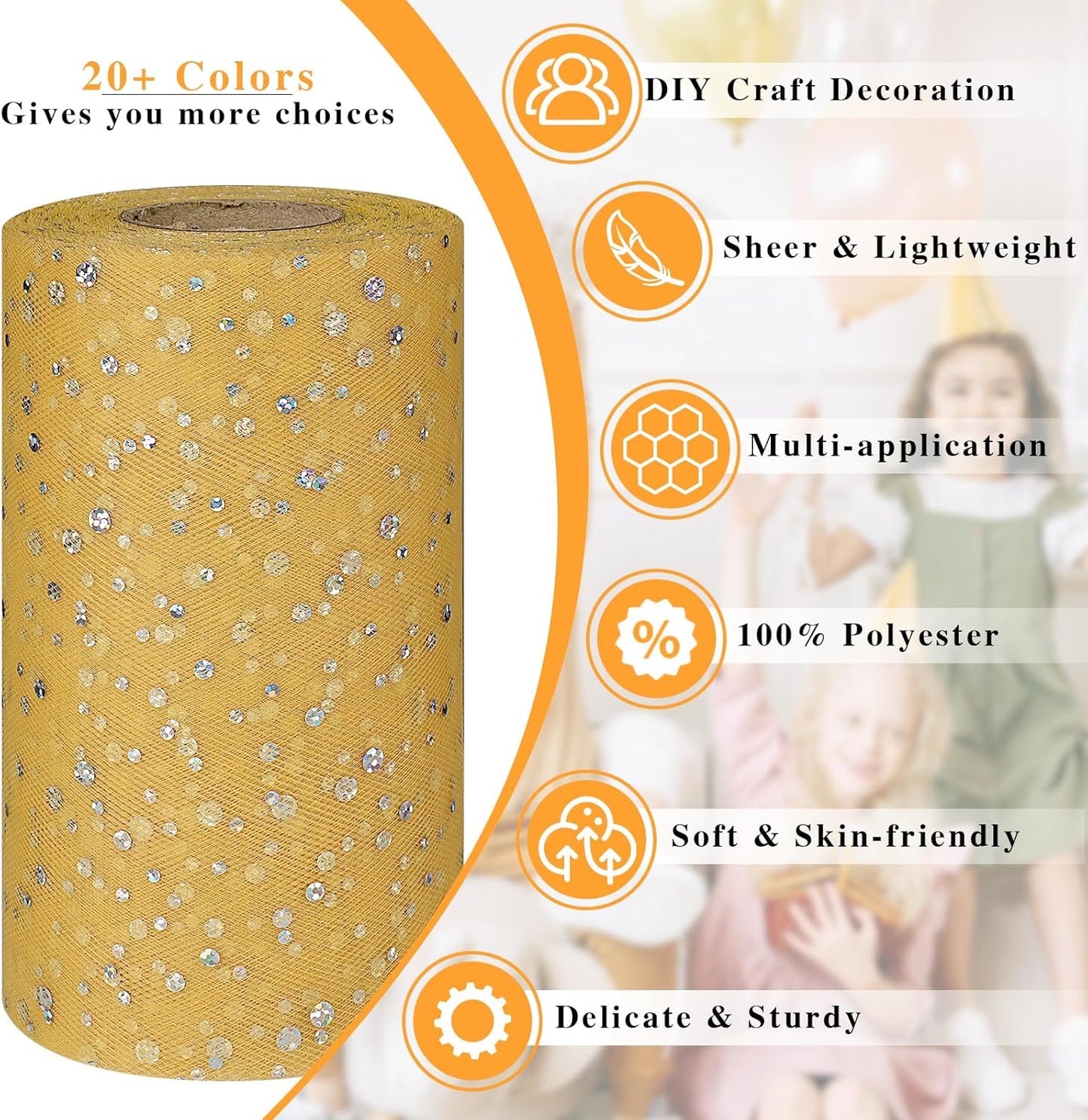 Glitter Tulle Rolls, 6” by 50 Yards (150FT) Sequin Tule Netting Fabric Tulle for Tutu Skirts Sewing Birthday Wedding Party Decoration (Gold)