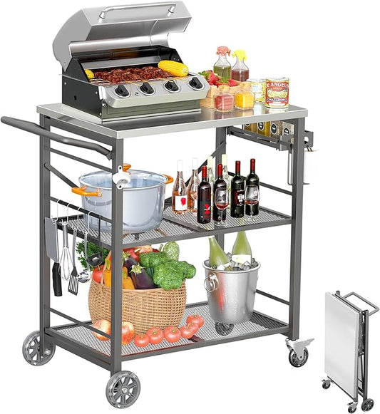 Ciokea Folding Outdoor Grill Cart with Wheels, 3-Shelf Grill Table with 27x18IN Stainless Steel Top, Rolling Pizza Oven Stand, Metal Portable Cart for BBQ Patio Camping (Grey)