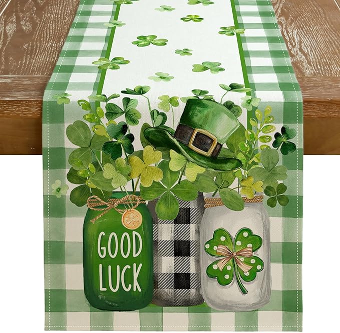 GEEORY St. Patrick's Day Table Runner 13 x 108 Inch, Shamrocks Plaid Mason Jar Decorative Holiday Table Decoration for Kitchen Dinning, Indoor Outdoor Dinner Party Décor GT142-108