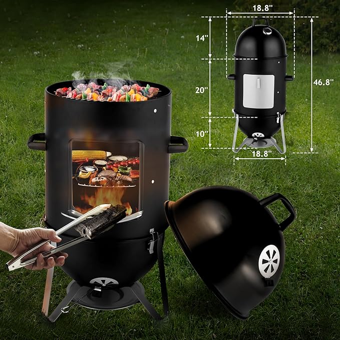 4-Tier 3-in-1 Vertical Charcoal Grill, BBQ Charcoal Smoker with Built-in Thermometer, Air Vent, and Access Doors, Perfect for Camping, Picnics, Backyard BBQs, and Tailgating Parties