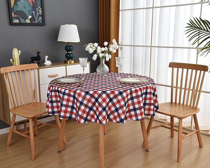 Waterproof Plaid Tablecloth Fabric - Round 58 Inch Classic Gingham Checker Table Cloth for Indoor/Outdoor Use - Buffalo Table Cover for Picnics, BBQs, and Parties