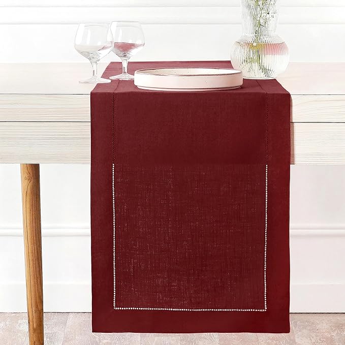 D'Moksha Homes Linen Dark Red Table Runner 108 Inches Long - 100% Pure Linen 14 x 108 Inch Table Runner for Valentines, Spring - Classic Hemstitch