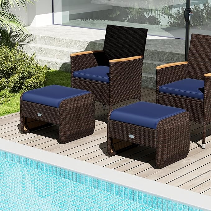 Tangkula 2 Pieces Patio PE Wicker Ottomans with Removable Cushions, Multipurpose Outdoor Furniture for Additional Seating, Footrest and Side Table, Outdoor Footstools for Porch, Backyard (Navy)