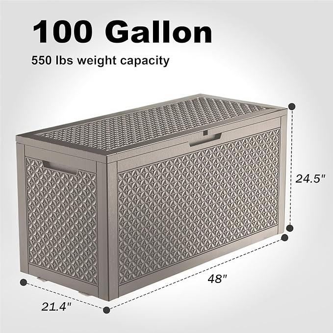 New 100 Gallon Outdoor Storage Box, Resin Deck Boxes Waterproof, Indoor Outdoor Bin for Package Delivery, Patio Cushions, Gardening Tools, Lockable, UV Resistant