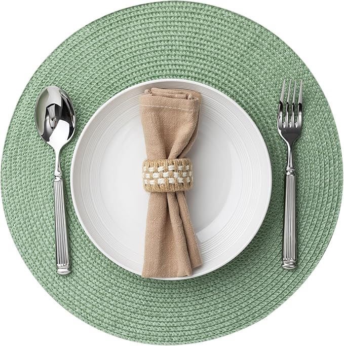 Round Placemats Set of 6 Plastic Woven Placemats Washable Wipeable Table Mats for Dining Table Heat Resistant Non-Slip Circle Place Mats (Green)