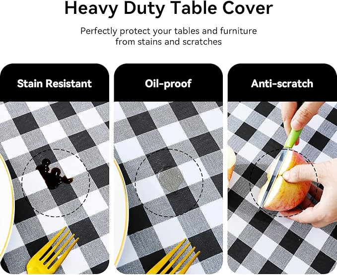 Romanstile Square Vinyl Tablecloth, 100% Waterproof Buffalo Gingham Plastic Table Cloth, Heavy Duty Wipeable Checkered Table Covers for Outdoor, Camping, Picnic, Patio - 54 x 54, Black and White