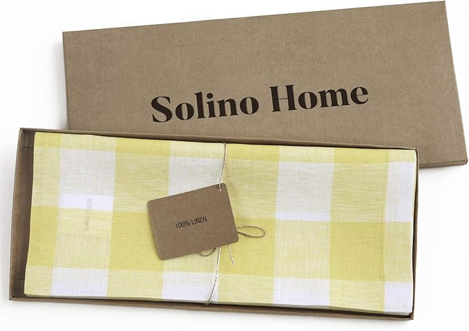 Solino Home Linen Checkered Table Runner 48 Inches - 100% Pure Linen Yellow and White Buffalo Check Short Table Runner 14 x 48 Inch Ideal for Dresser and Coffee Tables, Spring, Easter