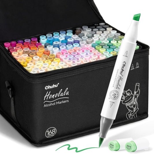 Ohuhu Alcohol Markers Brush Tip - 168-color Art Marker Set Double Tipped Alcohol-based Markers for Artist Adults Coloring Illustration- Brush & Chisel - Honolulu - Refillable Ink