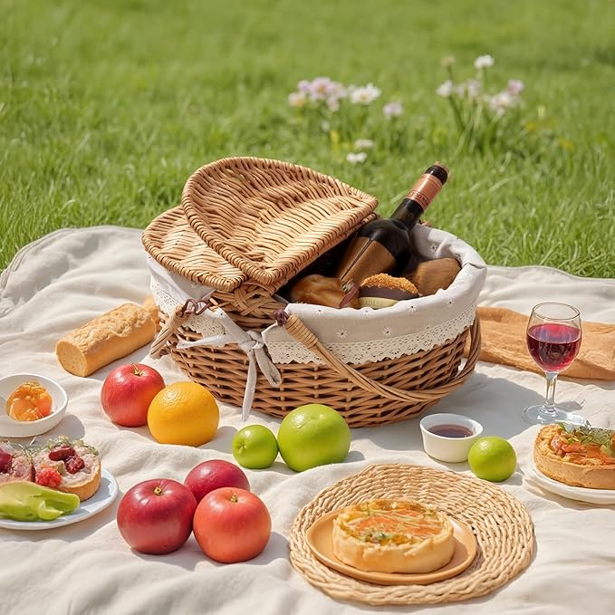 GRANNY SAYS Wicker Picnic Basket for 2 with Handles, Woven Cute Boo Basket with Washable Liner & Dual-Flip Lid, Vintage Large Picnic Baskets for Camping, Outdoor, Easter, Gift, Costume, Flower Liner