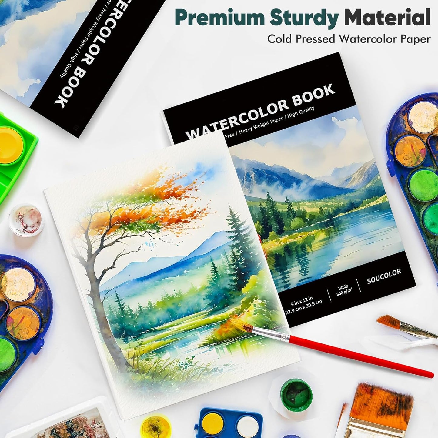 Soucolor Watercolor Paper Pad, 9"x12" Water Color Paper, 140lb/300gsm 40 Sheets Artist Painting Drawing Paper Book, Art Supplies for Adults Kids, Watercolor Paint Set, Sketchbook, Journal, Notebook