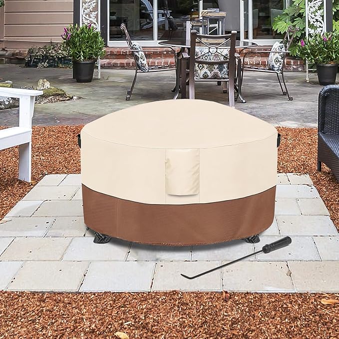 Fire Pit Cover,Outdoor Heavy Duty 600D 100% Waterproof Fire Pit Cover Round,Weatherproof Firepit Covers Round 42" Dia x 24" H,Beige & Brown