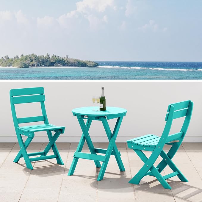 Costaelm Paradise 3-Piece Outdoor HDPE Folding Patio Bistro Table and Chairs, Turquoise
