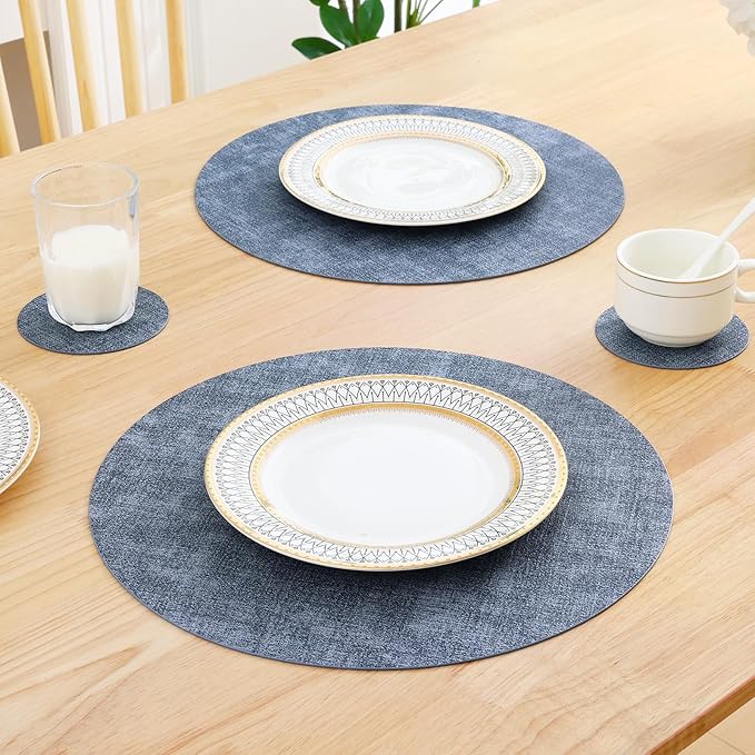 Homaxy Round Faux Leather Placemats and Coasters, Washable Dual-Side Table Mats, Wipeable Heat-Resistant Dining Place Mats for Outdoor and Indoor, Set of 6, Diameter 13 and 3.93 inch, Blue