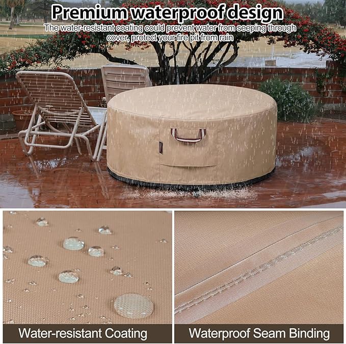 QH.HOME Fire Pit Cover Round-29-32 Inch Heavy Duty 900D Strong Tear-Resistant and UV Resistant and Waterproof and Fading Resistant Material Polyester Firepit Covers Round for Outdoor Fire Pit-Wheat