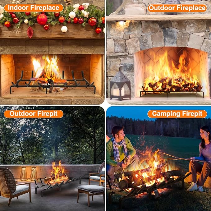 FEED GARDEN Fireplace Grate 30 inch Heavy Duty Fireplace Log Holder, 1/2" Solid Steel Bar Fire Pit Grate for Indoor Outdoor, Wood Stove Fireplace Accessories Wrought Iron Firewood Burning Rack