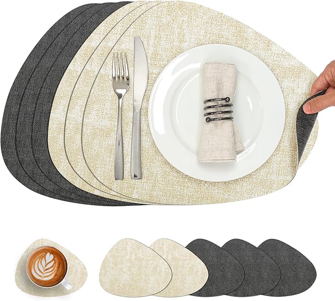 Placemats and Coasters, Washable Reversible Placemats Round Faux Leather Wipeable Place Mats Non Slip Heat Resistant Indoor Outdoor Table Mats (Set of 6, Gray Cream)