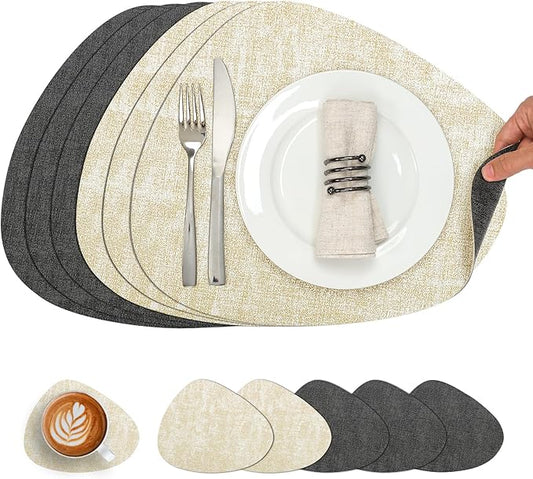 Placemats and Coasters, Washable Reversible Placemats Round Faux Leather Wipeable Place Mats Non Slip Heat Resistant Indoor Outdoor Table Mats (Set of 6, Gray Cream)