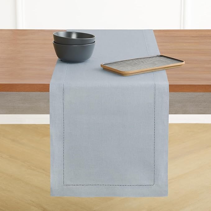 Solino Home Linen Table Runner 144 Inches Long - 100% Pure Linen Dusty Blue Table Runner 14 x 144 Inch for Winter, Spring, Easter - Classic Hemstitch