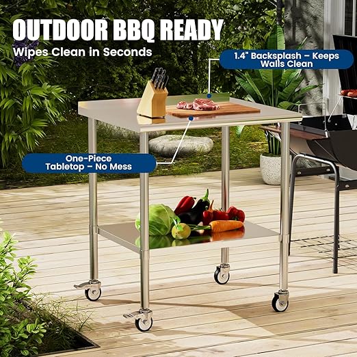 Stainless Steel Work Table with Wheels, 30x36 Inch NSF Food Prep Table with Backsplash & Adjustable Undershelf for Kitchen, Restaurant, Garage