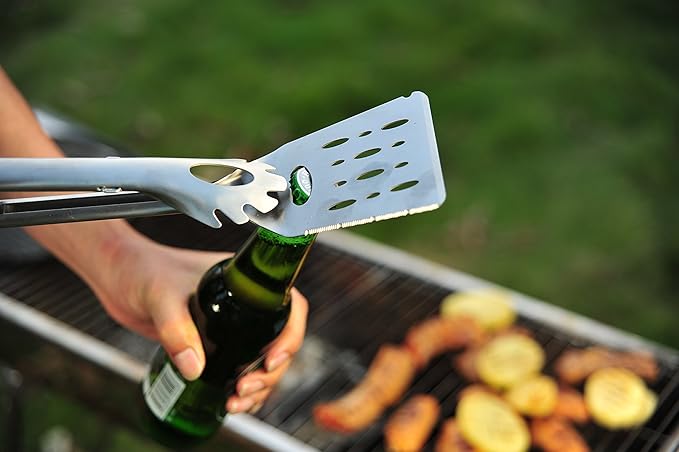 Jokari Pro Grade 6 in 1 Lighted Grill Tool. All in One Cooking Utensil Includes Easy Grip Handle, Spatula, Adjustable Tongs, Knife Blade, Scraper, Bottle Opener and LED Flashlight for Night Grilling.