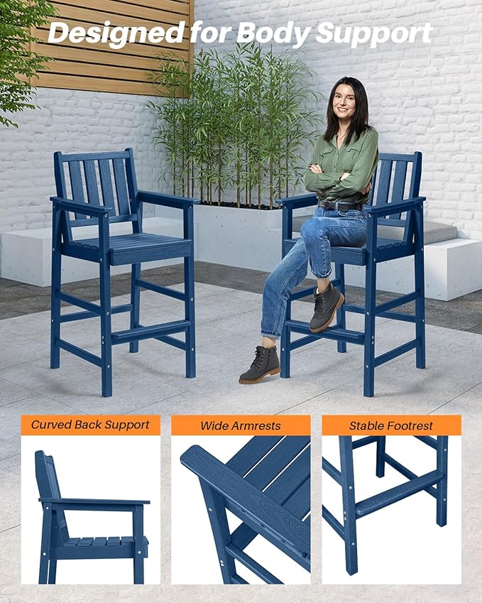 3-Piece Adirondack Chairs and Table Set, HDPE Outdoor Bar Sets, All Weather Outdoor Bar Stools Set, HDPE Adirondack Bar Height Chairs and Bar Table for Balcony, Bistro, Poolside, Navy