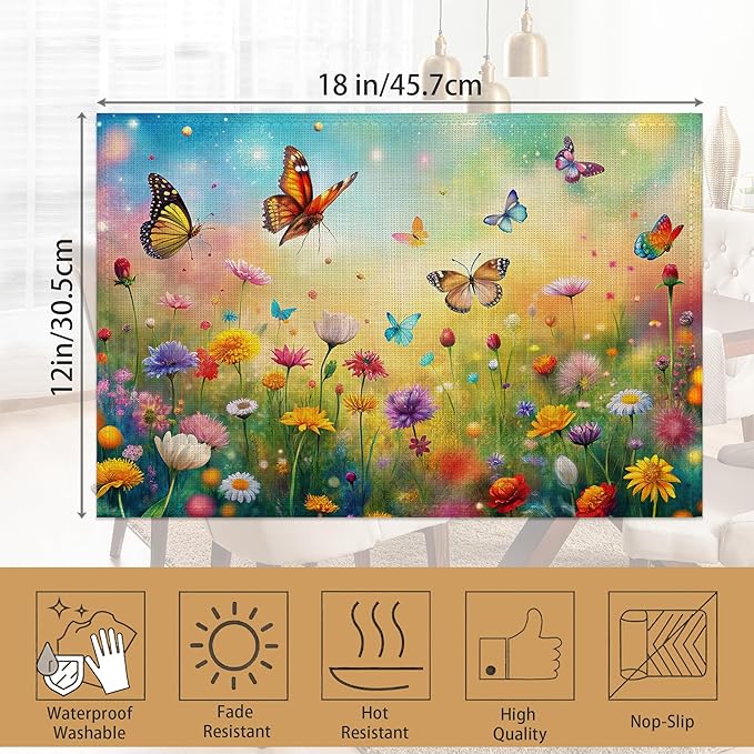 Placemats Set of 6,Colorful Butterfly Table Mats, Flowers Washable Linen Table Mats,Non-Slip Heat Resistant Placemats for Party Kitchen Dining Indoor Outdoor 12"x18"