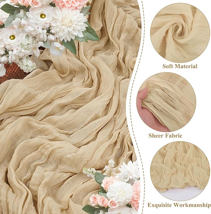 8 Packs Cheesecloth Table Runner 10FT Long Boho Gauze Fabric Table Runner Vintage Rustic Sheer Runners for Wedding Party Bridal Baby Shower Table Decorations (Beige )