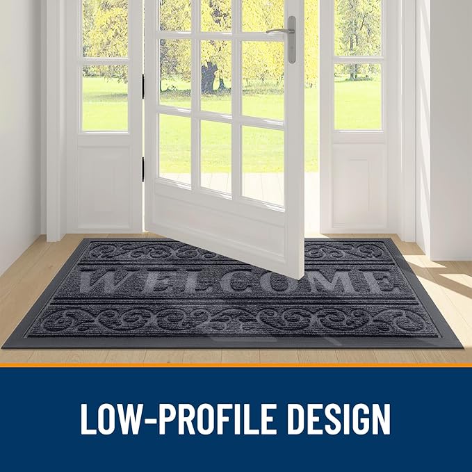 OLANLY Welcome Door Mat Indoor Outdoor Entrance, Heavy Duty Sturdy Front Door Mat, Waterproof All-Weather Doormat, Stain Resistant, Low Profile, Easy Clean Patio Entryway Mat, 29.5 x 17, Medium Grey