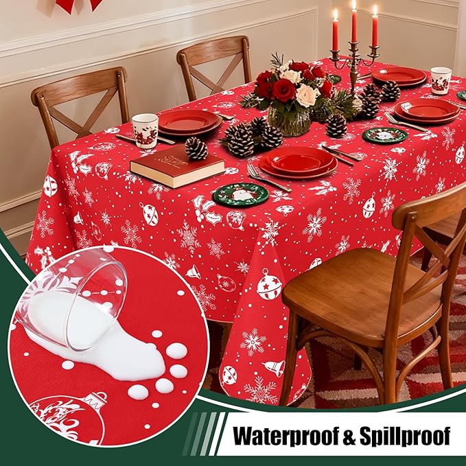 misaya Rectangle Waterproof Vinyl Table Cloth, Wipeable Tablecloth with Flannel Backing, Plastic Table Cover for Dinner, Christmas Party (Bells, 60" x 84")