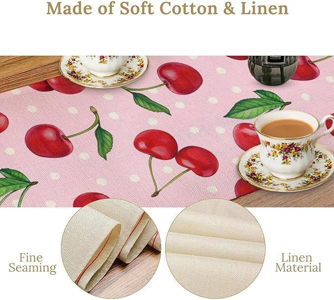Red Cherry Table Runner, Tropical Fruit Polka Dot Print Table Runner for Birthday Party Dining Room Home Kitchen 13x108in