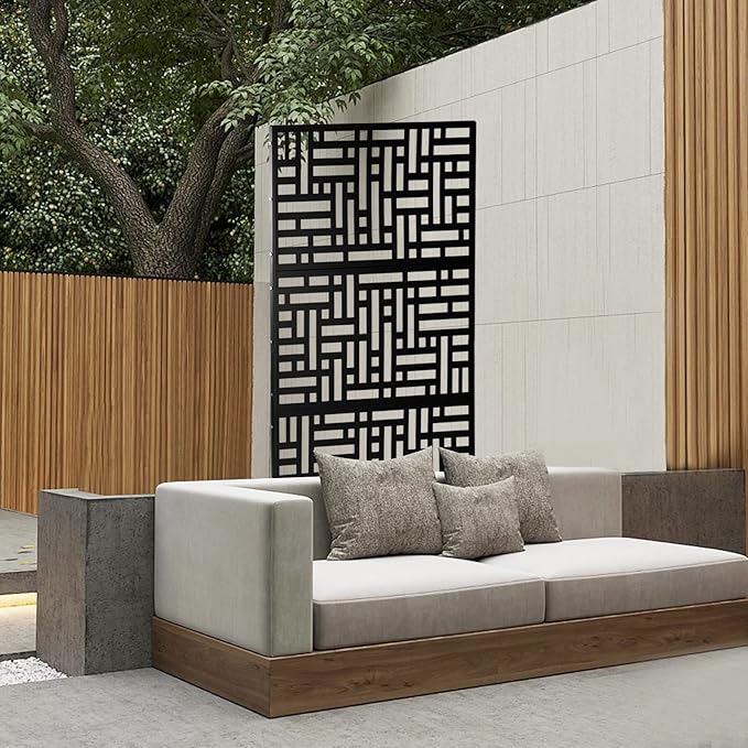 Privacy Screen, 35.4" W x 74.4" H Metal Outdoor Decorative Privacy Screen Outdoor Freestanding Divider with Stand Black for Patio Garden Balcony Backyard