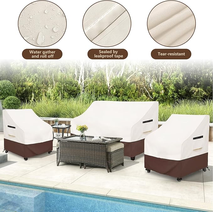 Patio Furniture Covers,3 Piece Heavy Duty Waterproof Outdoor Furniture Cover,Outdoor Furniture Covers for Patio Furniture,Includes 2 Patio chair covers 30in and 1 Patio loveseat cover 58in,Beige