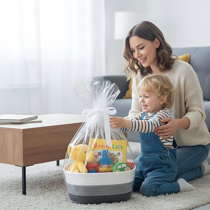12 Pack Easter Woven Baskets for Gifts Empty Large Cotton Rope Square Storage Baskets with Handle for Organizing Shelves, Toys, Books, Towels, Clothes, 12.6" L x 8.7" w x 6" h(Gray)