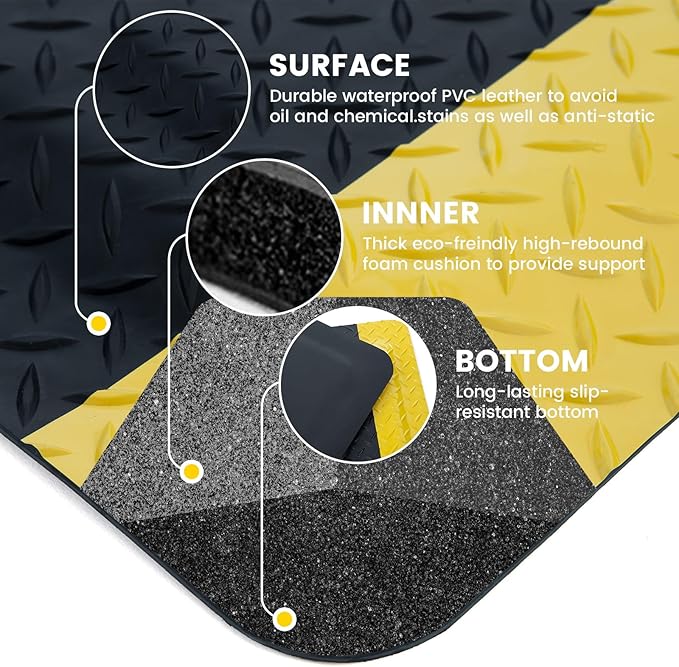 3' x 5' ESD Anti-Fatigue Conductive Mat, Durable Heavy Duty Diamond Plate, Soft Sponge Ergonomic Mat, Non Slip Waterproof Floor Mats for Commercial&Industrial Work, Thick 3/4” Black with Yellow Border