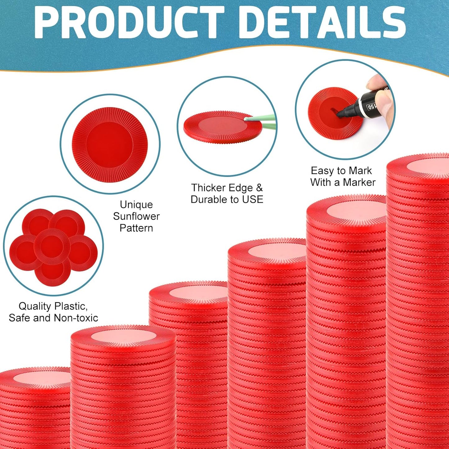 Coopay 500 Pieces Plastic Poker Chips, 1 Inch Bingo Chips Bulk Learning Counters Disks Poker Card Game, Counting Markers for Math Practice, Game Tokens and Teaching Rewards, 25 mm (Red)