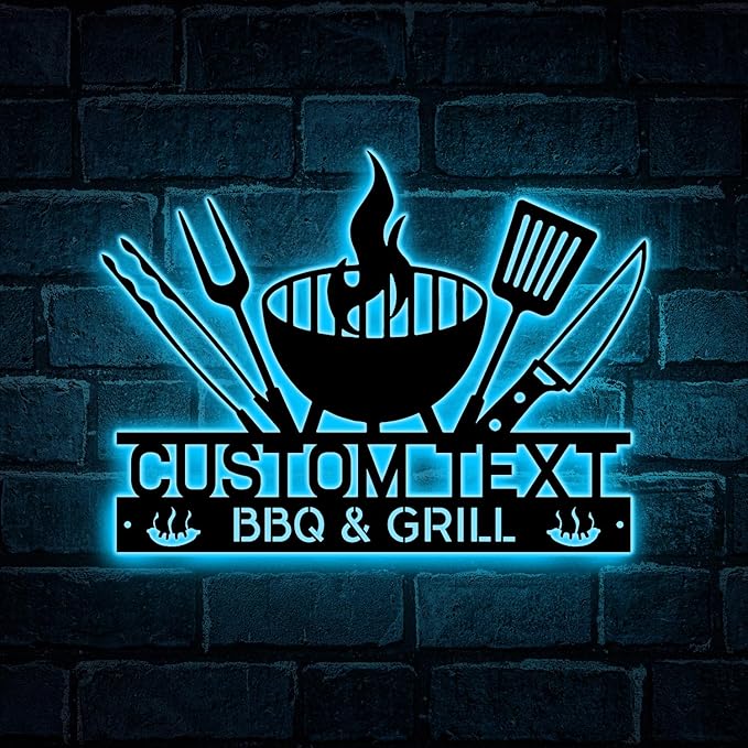 Personalized BBQ Grill Sign with LED Lights – Custom Barbecue Metal Wall Art for Outdoor Bar, Backyard Kitchen, Man Cave, Light Up Outdoor BBQ Decor for Patio