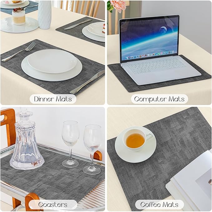 Romanstile Reversible Vinyl Placemats Set of 4, Faux Leather 100% Waterproof Oil-Proof Wipeable Place Mats, Heat Resistant Dual Sided Table Mats for Kitchen/Dining/Party (Dark Gray, 12 x 17 Inch)
