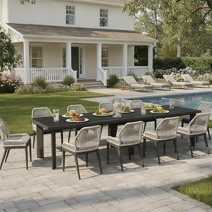 PURPLE LEAF 11 Pieces Patio Dining Set Aluminum Oversize Rectangular Table and Wicker Chairs with Cushions for Kitchen Porch Garden Modern Outdoor Furniture Sets, Dark Grey