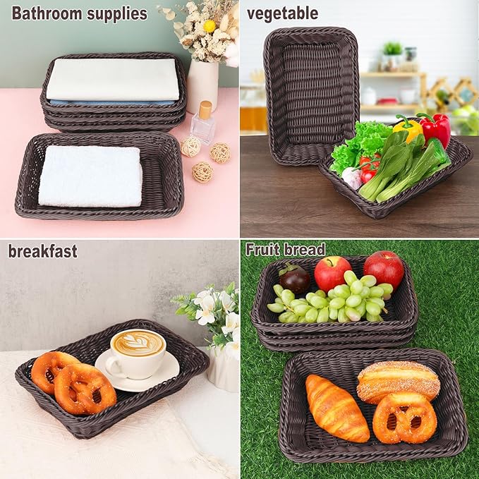 6 Pack 12 Inch Wicker Bread Basket, Handmade Woven Poly Wicker Bread Baskets, Rectangular Food Serving Basket for Dining Table, Candies, Crackers, Fruit, Vegetables