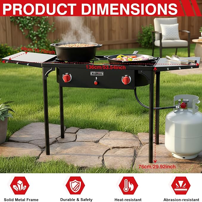 Bestfire 2 burner Camping Stove with Auto Ignition Button,Side Shelves & Regulator150,000 BTU Gas Stove Propane Burner With Removable Legs for Outdoor BBQ&Backyard Cooking Camping Home