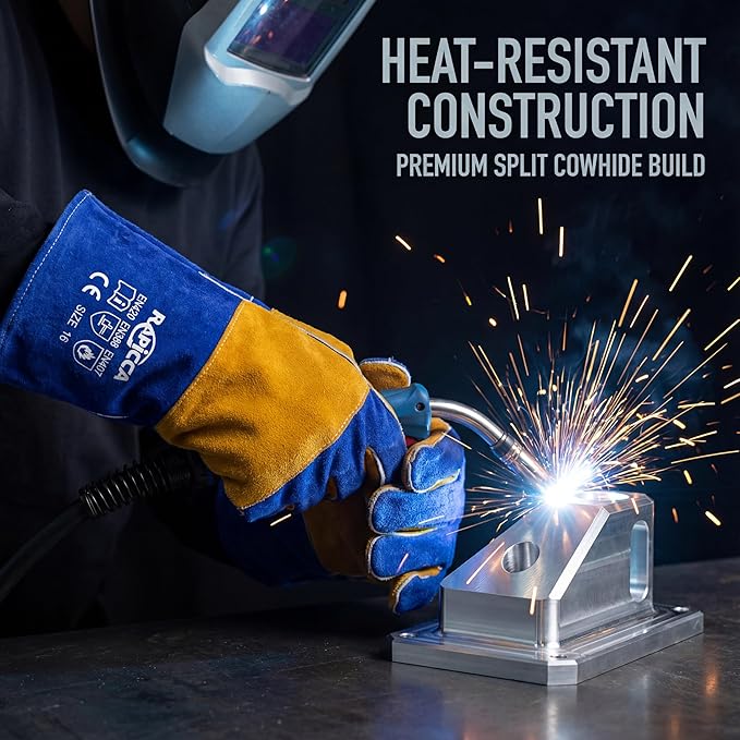 RAPICCA Welding Gloves Fire Heat Resistant: Blue 16IN 932℉ - Fireproof Leather For Stick Mig Flux-Core Welder Forge Blacksmith Fireplace Wood Stove Fire Pit Grill Oven Furnace Handling Dry Ice