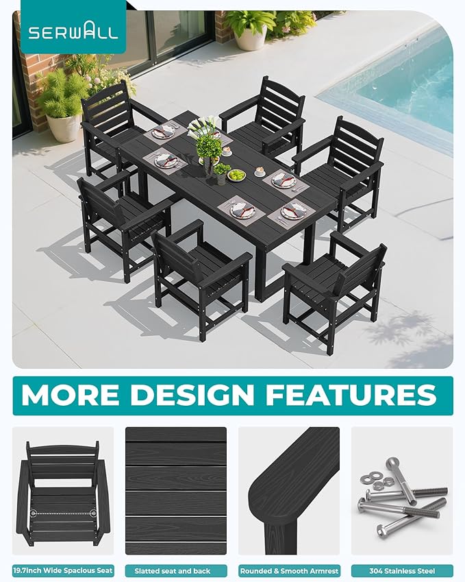 SERWALL HDPE Outdoor Dining Set for 6, 67'' All Weather Patio Dining Table and Chairs Set for Deck, Lawn, Black