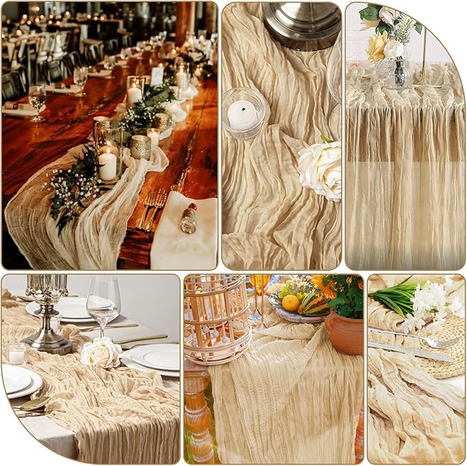 20 Packs Cheesecloth Table Runner 10FT Long Boho Gauze Fabric Table Runner Vintage Rustic Sheer Runners for Wedding Party Bridal Baby Shower Table Decorations (Beige)